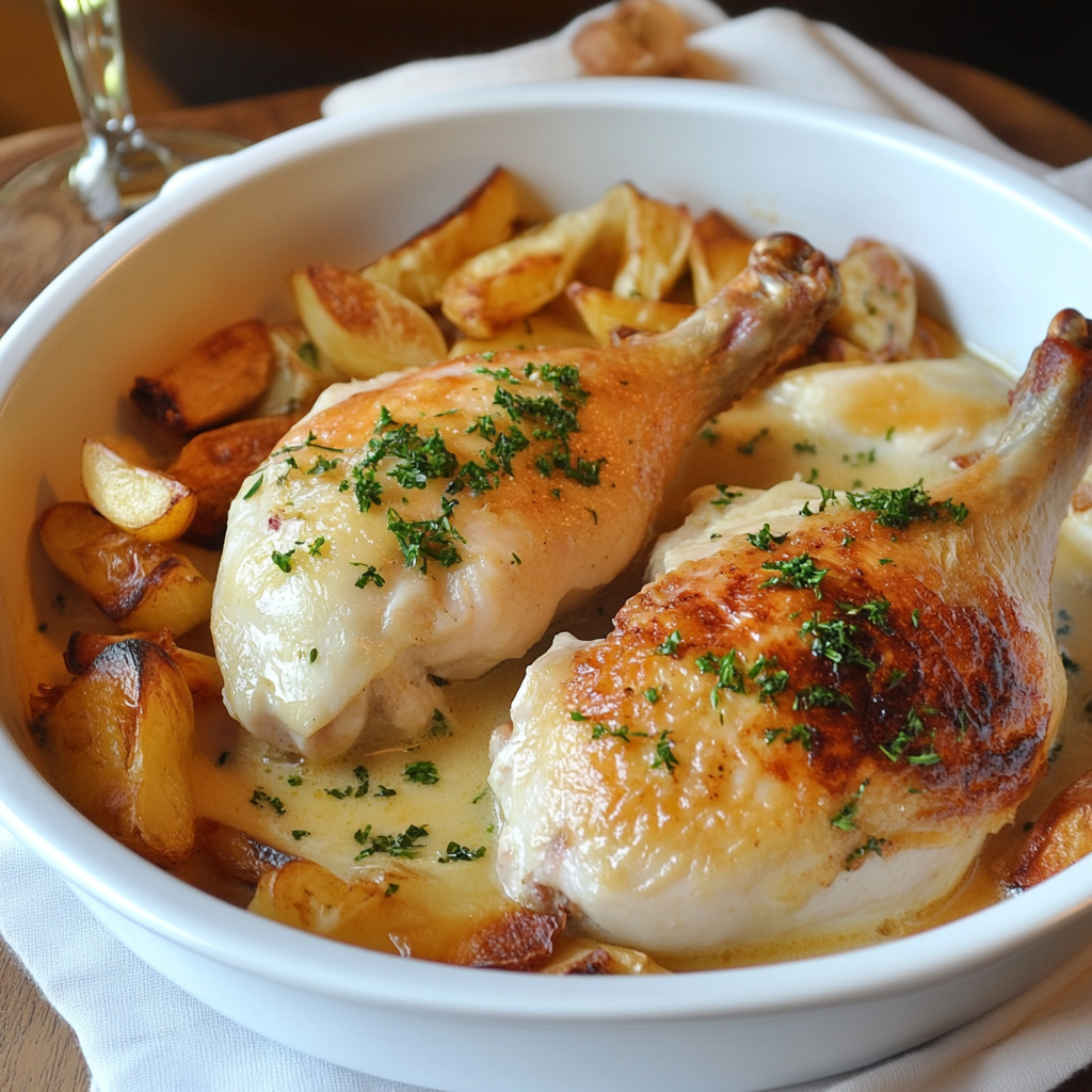 Lire la suite à propos de l’article Cassolette de Poulet au Maroilles et Frites Maison